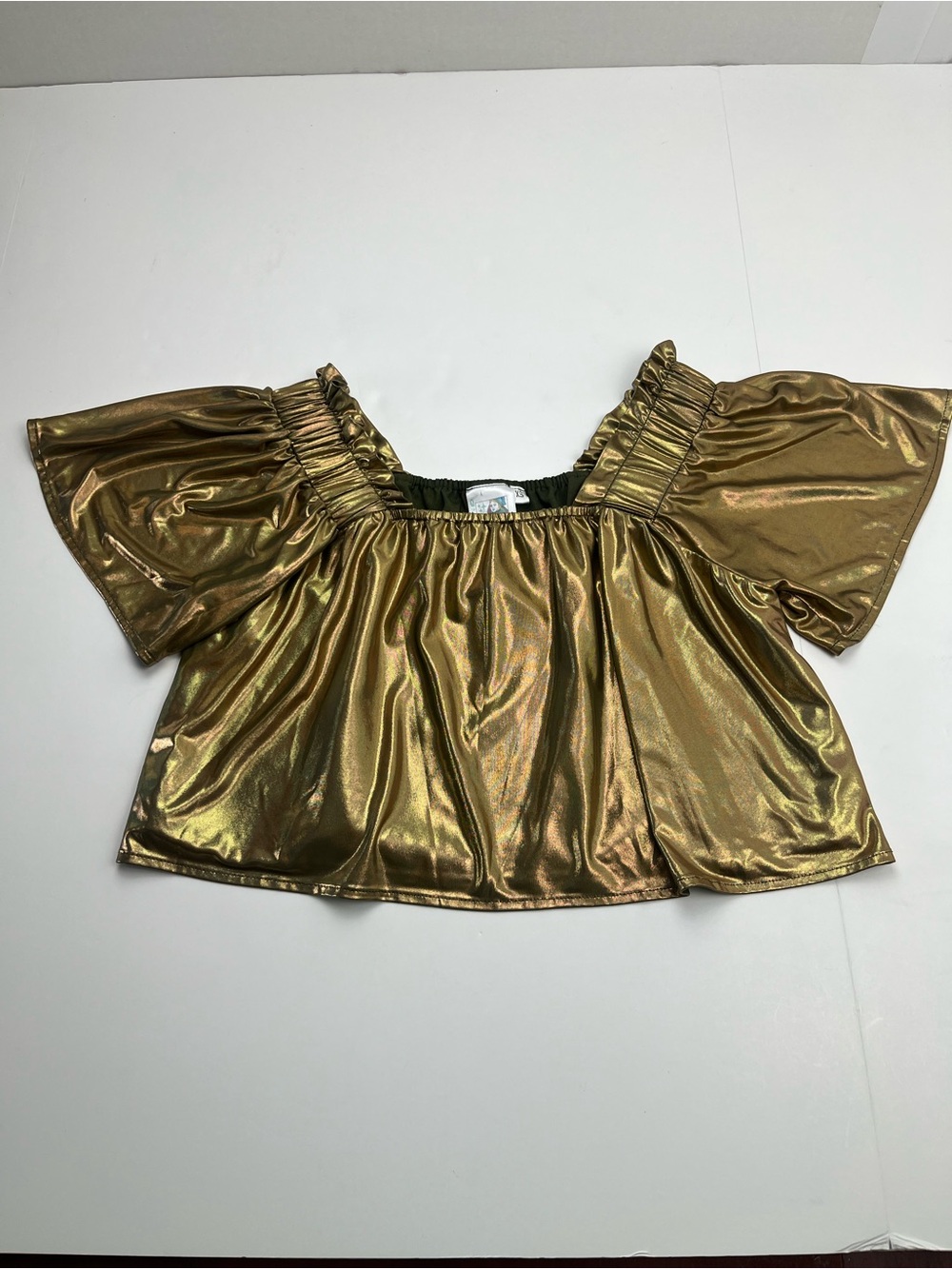 Queen Of Sparkles Metallic Gold Flutter Top Women's XS Cropped *TINY FLAW